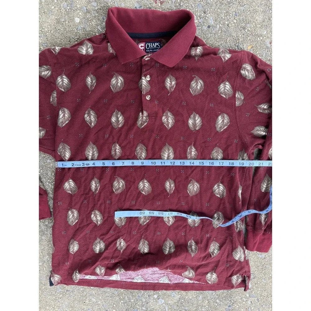 90's Chaps Ralph Lauren Leaf Pattern Polo Long Sleeve Shirt Mens Size L Burgundy
